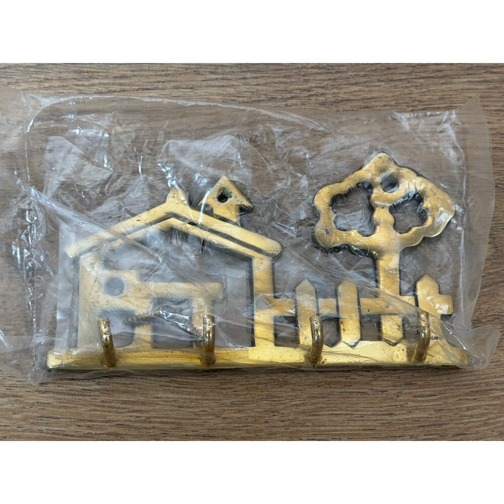 Vintage Brass Wall Hanging Key Holder House Fence Tree w/ 4 Hooks - New!